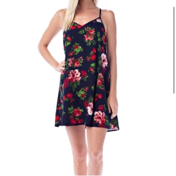 2/$30 Navy Blue and Floral Print A-Line Slip Dress - Picture 2 of 5